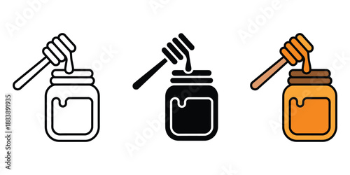 Honey jar with dipper icon vector illustration, representing breakfast menus, healthy food blogs, natural sweetener, culinary design, nutritious food concept, modern flat vector illustration