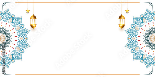 Ramadan Kareem Islamic background white banner. Eid Mubarak luxury template design with mandala border