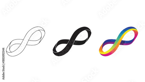 Set of three infinity symbols outline sketch, solid black shape, and colorful gradient ribbon design, representing eternity and endlessness
