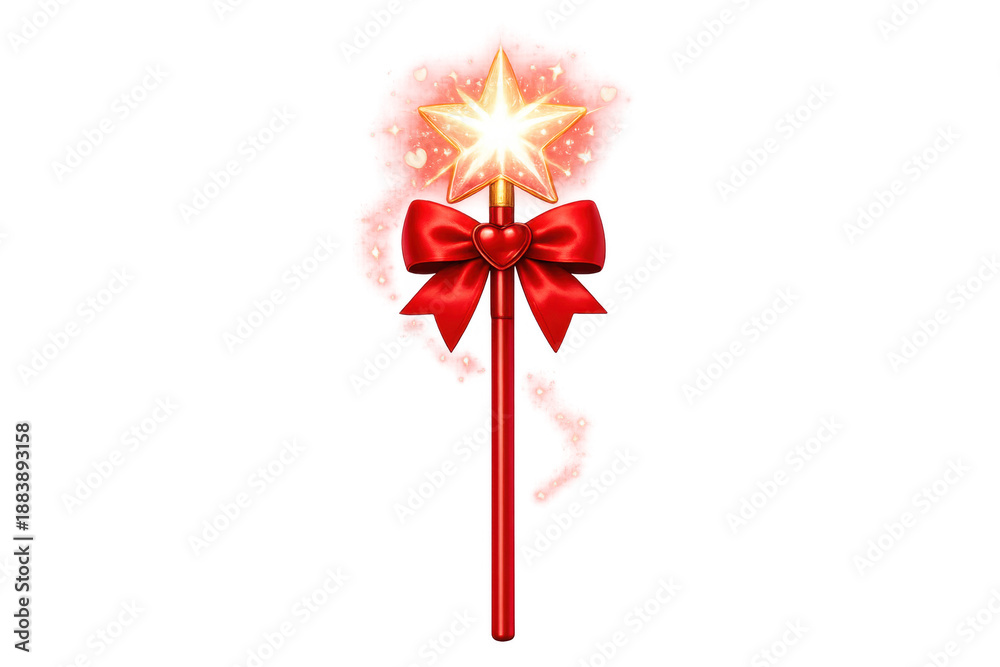 Obraz premium Magical fairy wand with glowing star, red ribbon bow, and sparkling enchantment on transparent background