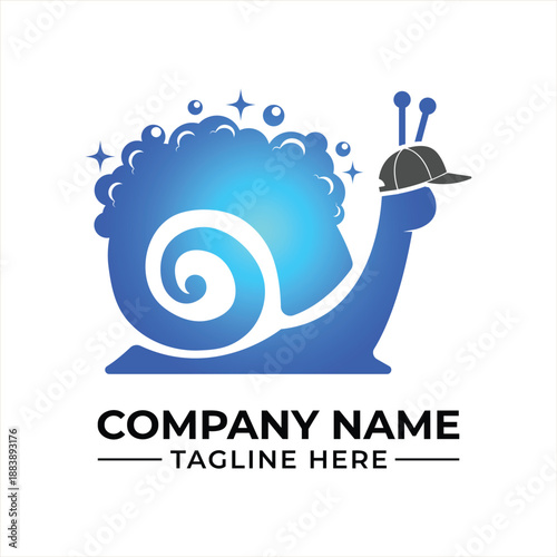 Blue snail mascot with baseball cap logo concept for cleaning service