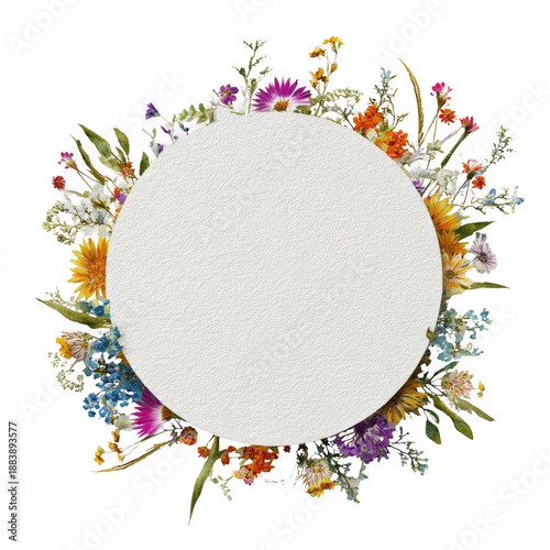 Floral circle with various colorful flowers surrounding a blank, textured circle