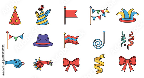 Collection of Colorful Party Celebration Accessories and Decorations for Festive Events and Joyful Gatherings Isolated on White Background