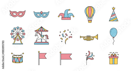 Carnival And Celebration Icons On White Background Featuring Masks Ferris Wheel Carousel And Hot Air Balloon For Festive Design Elements