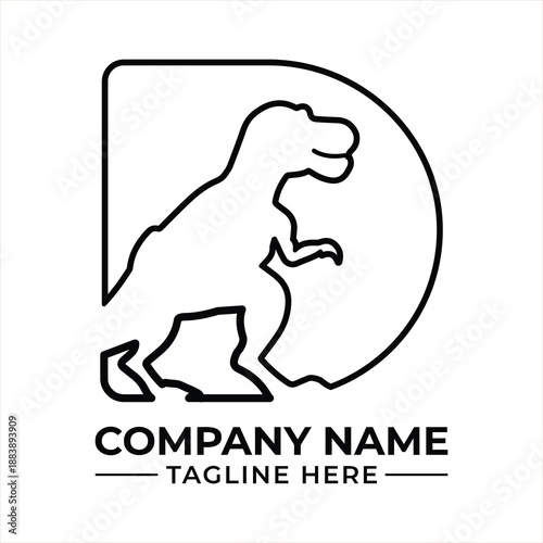 Dinosaur logo with letter d and t-rex silhouette in minimalist line art style