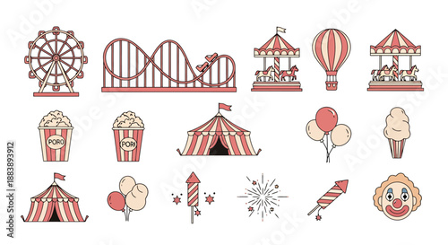 Collection of Amusement Park Elements Including Ferris Wheel Roller Coaster Carousel Hot Air Balloon Popcorn Cotton Candy Circus Tents and Clown Face
