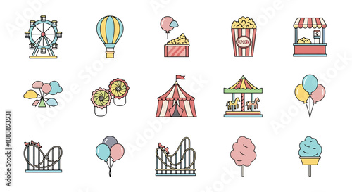 Collection of Carnival Fairground Icons Representing Amusement Park Rides and Foods Such As Ferris Wheel Carousel Roller Coaster Hot Air Balloon and