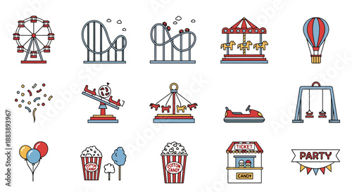 Collection of Amusement Park Rides and Attractions Symbols on White Background for Entertainment and Leisure Concepts