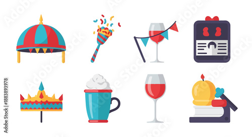 Collection of Party Celebration Entertainment Celebration Festive Objects Isolated Icons Set Vector