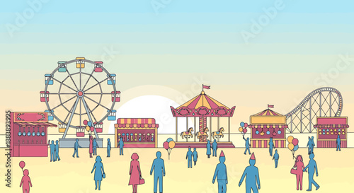 Amusement Park Ferris Wheel Carousel Roller Coaster Rides People Walking Sun Gentle Skyline Entertainment Outdoor Leisure Activities Festive