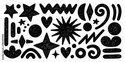 Abstract black and white doodle art featuring various whimsical shapes and forms