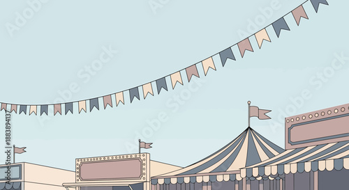 Outdoor Fairground Booths and Colorful Bunting Decorations Against a Clear Sky Background Symbolizing Celebration and Festivity