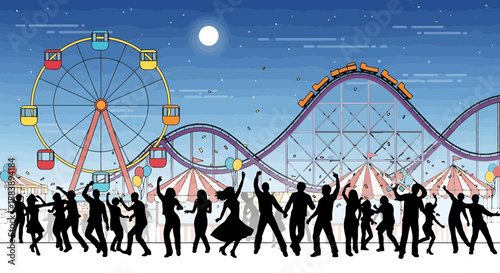 Nighttime Amusement park scene with silhouette crowd enjoying rides and music under moonlit sky and starry expanse