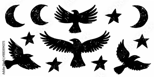 Black silhouettes of birds moons and stars in a minimalist design
