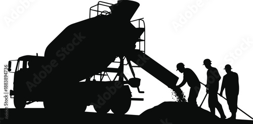 Concrete mixer truck, construction workers, pouring cement, teamwork, black silhouette, hard hats, tools, industrial site, labor, machinery