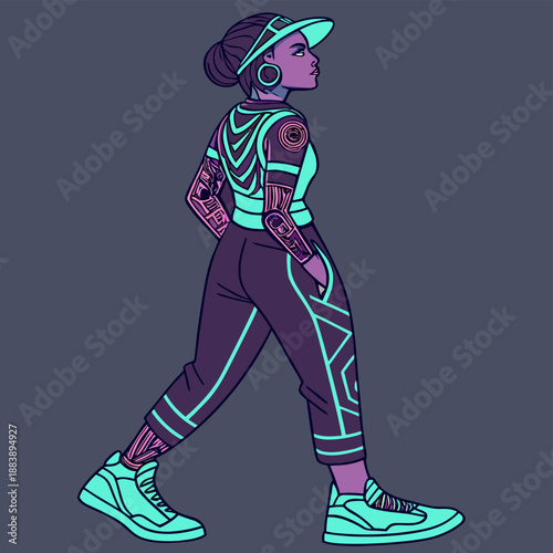Cyberpunk woman walking in neon lights futuristic fashion purple and teal hues sci fi style