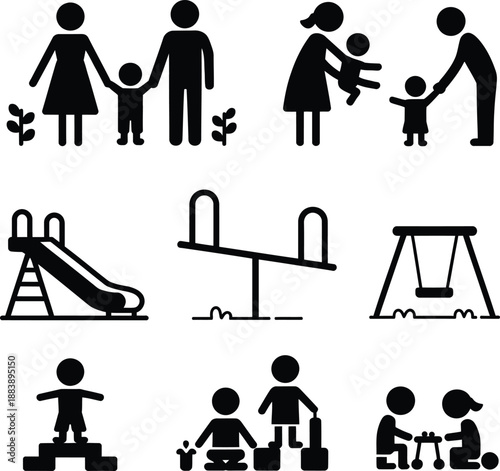 Playground and family icons representing fun and togetherness