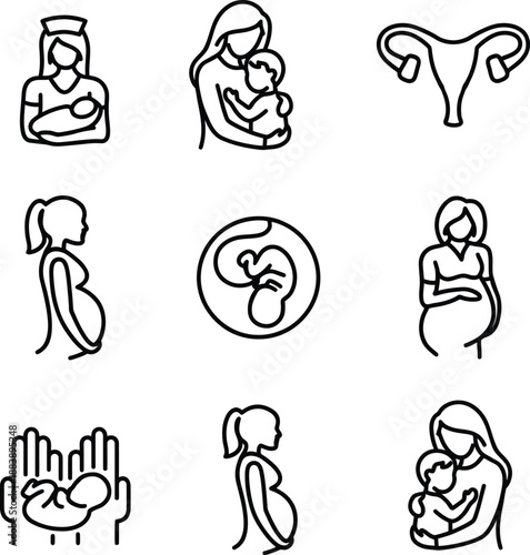 Collection of medical icons representing pregnancy, birth, and motherhood