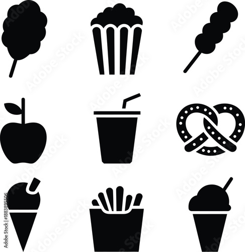 Collection of sweet and savory snack icons including cotton candy, popcorn, and fries