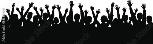 Crowd silhouette, raised hands, celebration, unity, black and white, concert vibe, people gathering, abstract group, energetic pose, social event