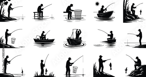 Fishing silhouette collection, shore fishing, boat fishing, dock fishing, casting line, catching fish, peaceful nature, outdoor activity, hobby