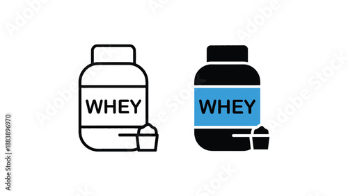 Three different illustrations of whey protein supplement bottles and scoops