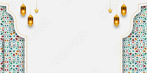 Ramadan Kareem Islamic background white banner. Eid Mubarak luxury template design