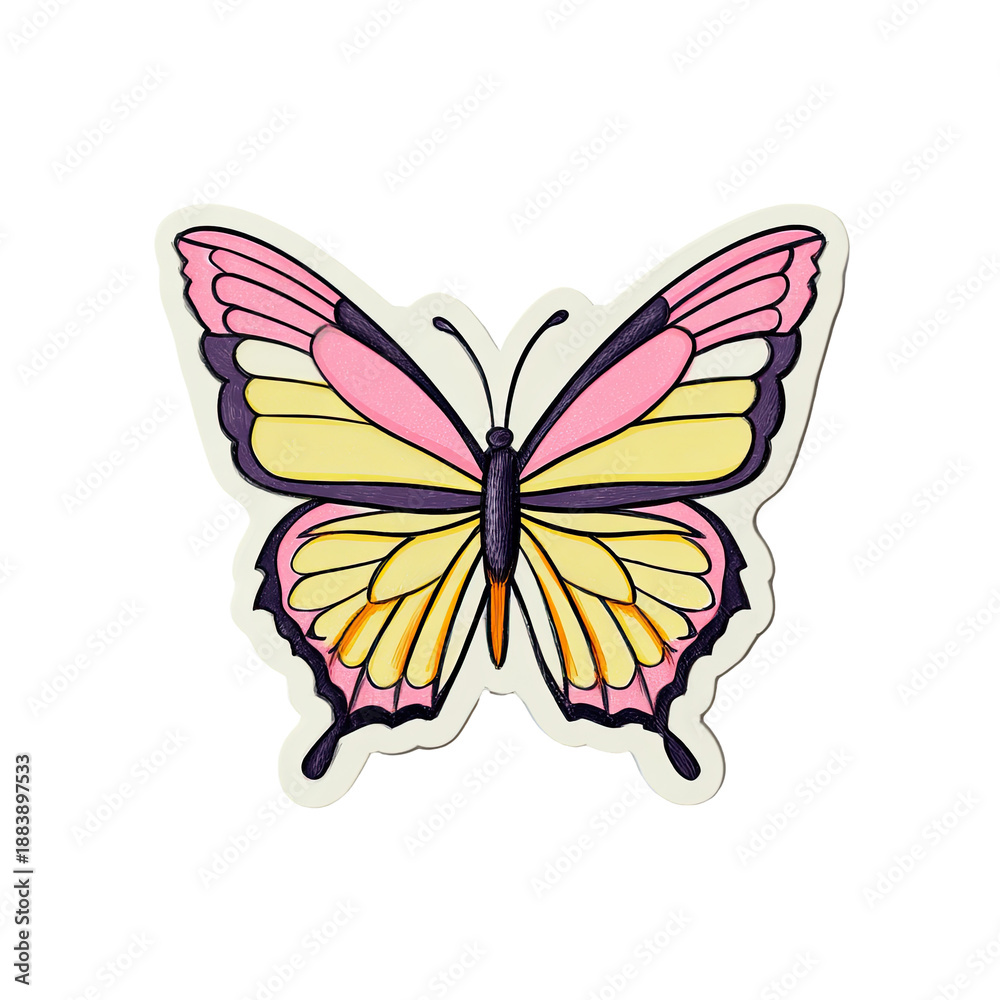 Obraz premium A vibrant, cartoon-style butterfly sticker with pink, yellow, and purple wing colors against black