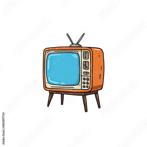 Cartoon-style orange vintage television set against a stark black background