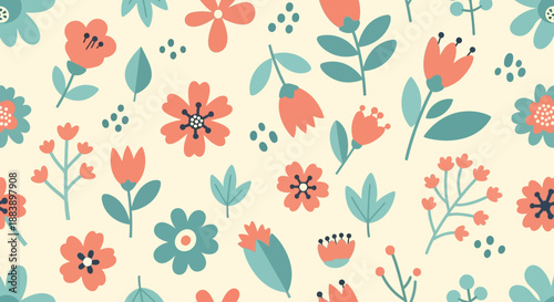 Vibrant floral pattern with orange and blue flowers on cream background.