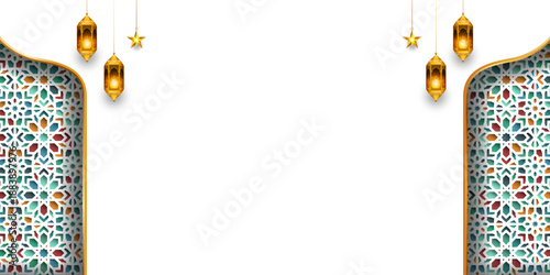 Ramadan Kareem Islamic background white banner. Eid Mubarak luxury template design with colourful arch