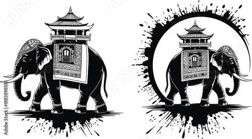 POrnate elephant illustration, Asian pagoda architecture, black and white ink art, cultural symbolism, traditional design, decorative animal conceptrint