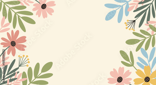 Floral frame with colorful flowers and leaves on beige background.