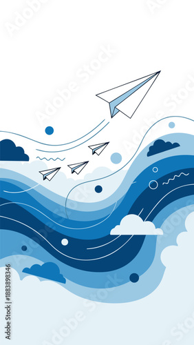 Vector illustration of paper airplanes soaring through stylized blue waves and clouds, symbolizing travel and ambition