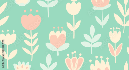 Pastel Floral Pattern with Soft Tulips and Leaves on Mint Background.