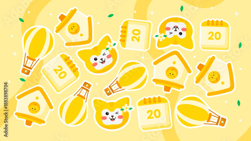 Bright yellow pattern with cat faces calendar icons hot air balloons and birdhouses with chicks
