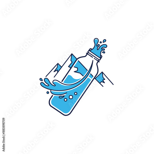 Abstract illustration of a bottle with water splashing and mountain shapes in a minimalistic style emphasizing fluid motion and