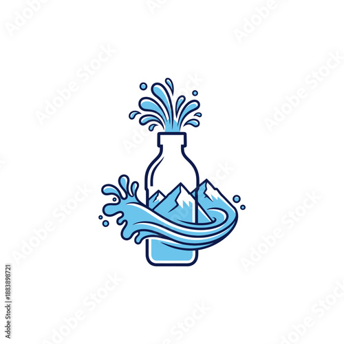 Creative illustration of a mountain landscape inside a glass bottle with water splashes and dynamic elements capturing nature's