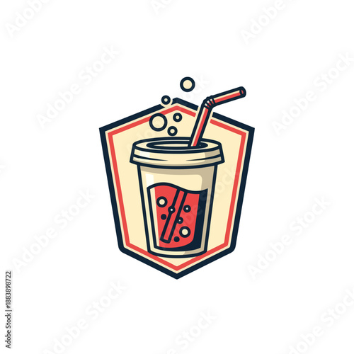 Stylized illustration of a cold soda in a transparent cup with a straw and bubbles for refreshment abundance