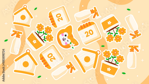 Seamless background featuring garden sprayers birdhouses flower pots calendars and a cute character head