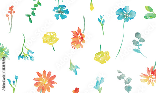 水彩画。水彩タッチのベクター植物イラスト。カラフルな花の水彩背景。春の植物。
Watercolor painting. Vector botanical illustration with watercolor touches. Colorful floral watercolor background. Spring plants.