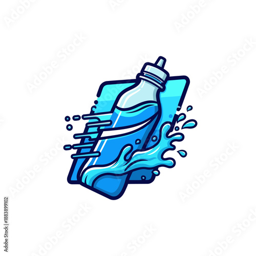 Dynamic water splash with a stylized water bottle emerging from the screen representing freshness and hydration