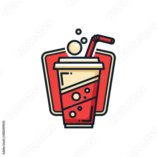 Modern playful illustration of a soda cup with straw and bubbles in a minimalistic style suitable for branding or digital design