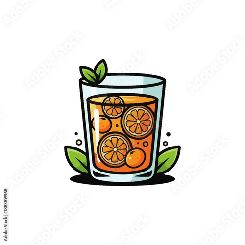 Refreshing citrus-infused beverage served in a clear glass with vibrant orange slices and green leaves for a summery appeal