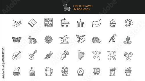 Cinco de Mayo line icons set with pinata guitar and cactus symbols Keywords: cinco de mayo