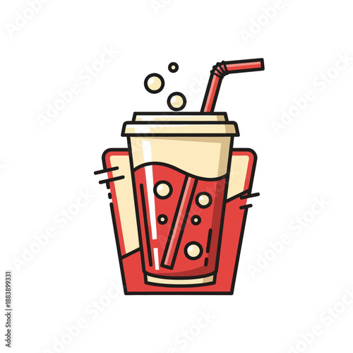 Stylized cartoon soda glass with bubbles, straw, and playful design for beverage illustration