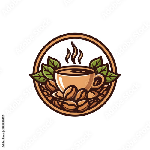 Delicious coffee cup surrounded by coffee beans and fresh mint leaves in a warm, inviting illustration capturing the essence of