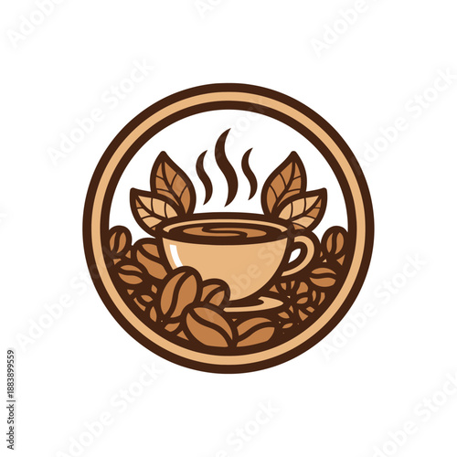 Stylish coffee cup surrounded by coffee beans and leaves in a minimalistic emblem style capturing aromatic beverage essence