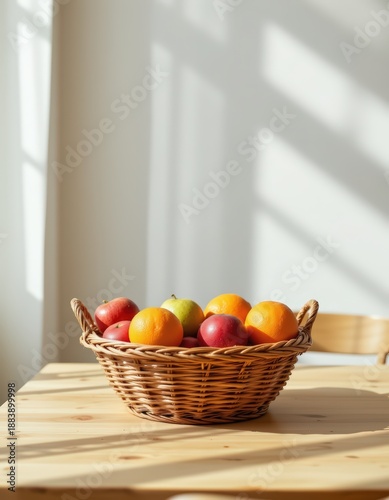 Wallpaper Mural Still Life of Fruit Basket on Wooden Table with Morning Light, Minimalist Healthy Food Concept Torontodigital.ca