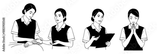 Illustrations of a female professional demonstrating care, communication, administration, and thoughtful engagement; essential duties in a service-oriented role
